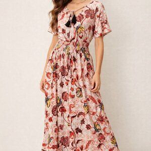 *NWT* Lildy Boho Floral Maxi Dress | Tassel Tie Back | Smocked Waist L–XL | 45"